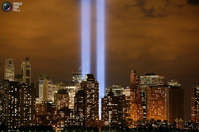 The Tribute in Lights shines on the skyline of lower Manhattan in New York. [2006] Source: The Atlantic